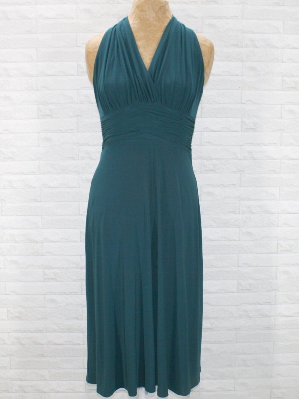 EVAN PICONE Dress Ruched Faux Halter Racerback Knit Soft Flowy Teal Green 4